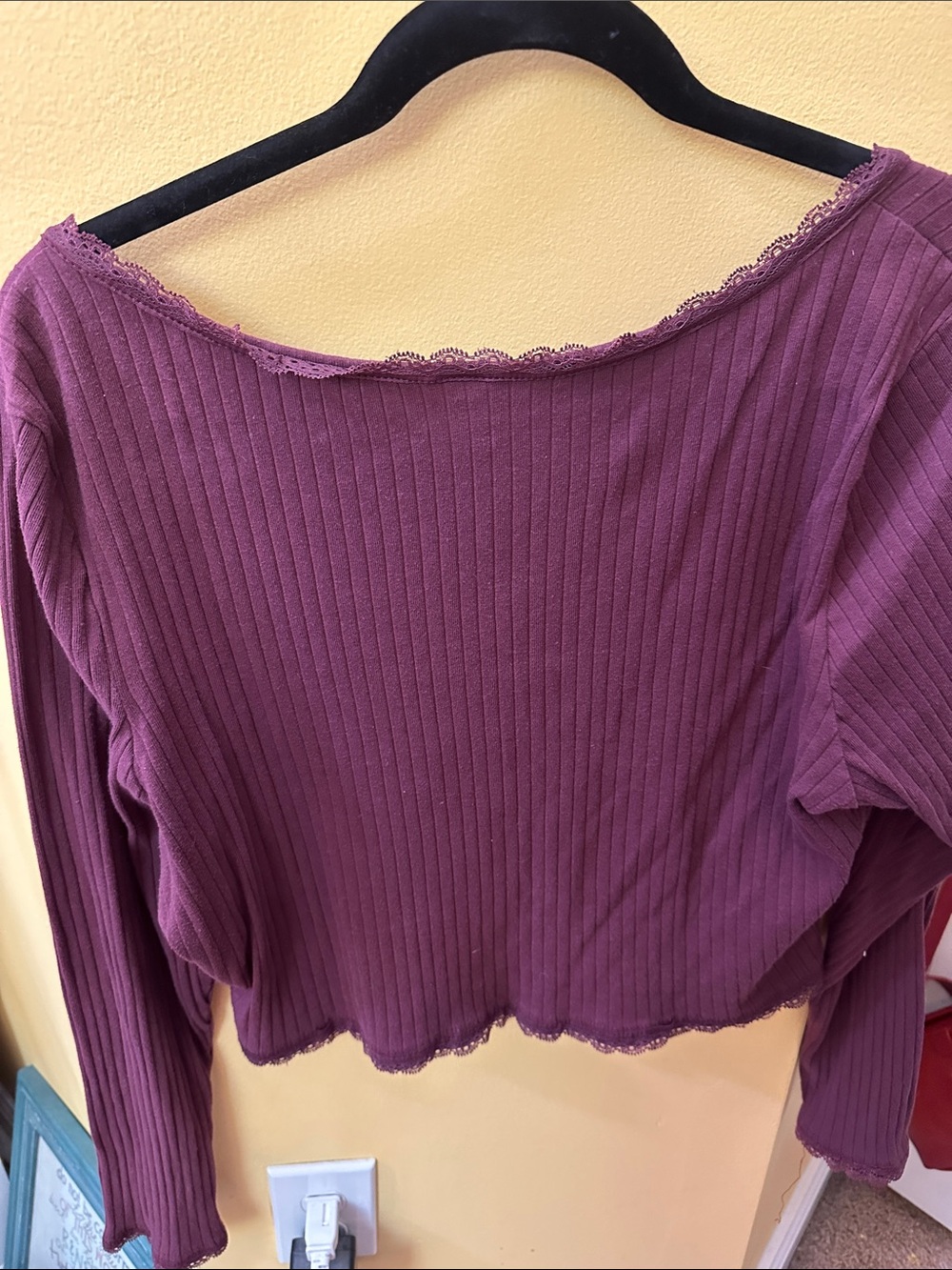 Purple Ribbed Lace-Trim Button-Front Women’s Top - Picture 2 of 2